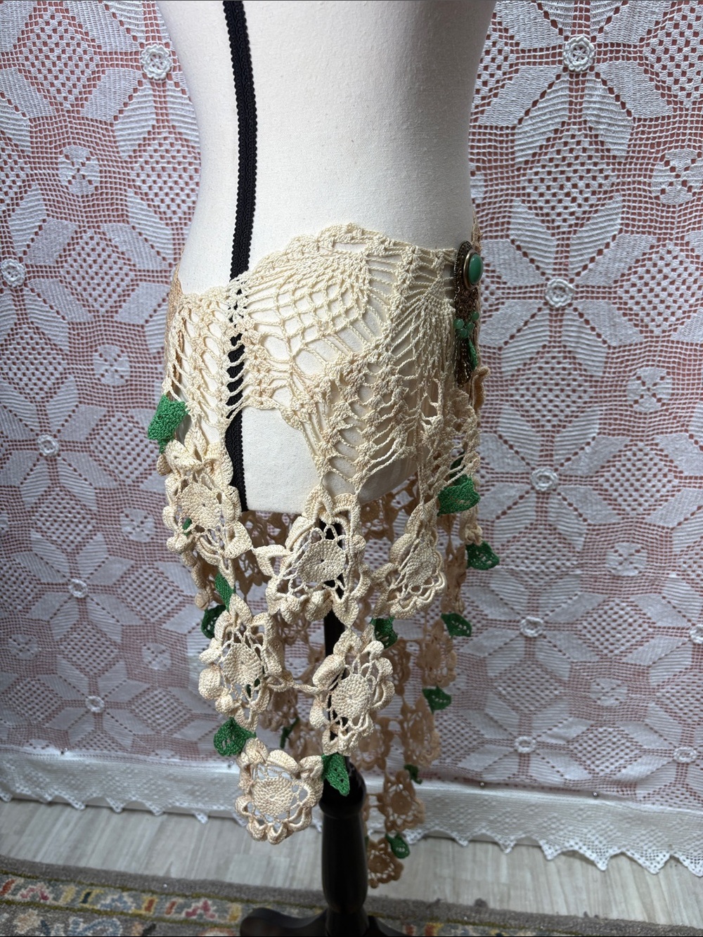 Crochet Floral Boho Hip Scarf Belt with Brooch - Picture 10 of 11